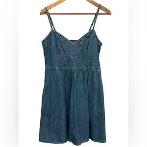 Express Chambray Denim Fit Flare Babydoll Dress Smocked Back Adjustable Straps M
